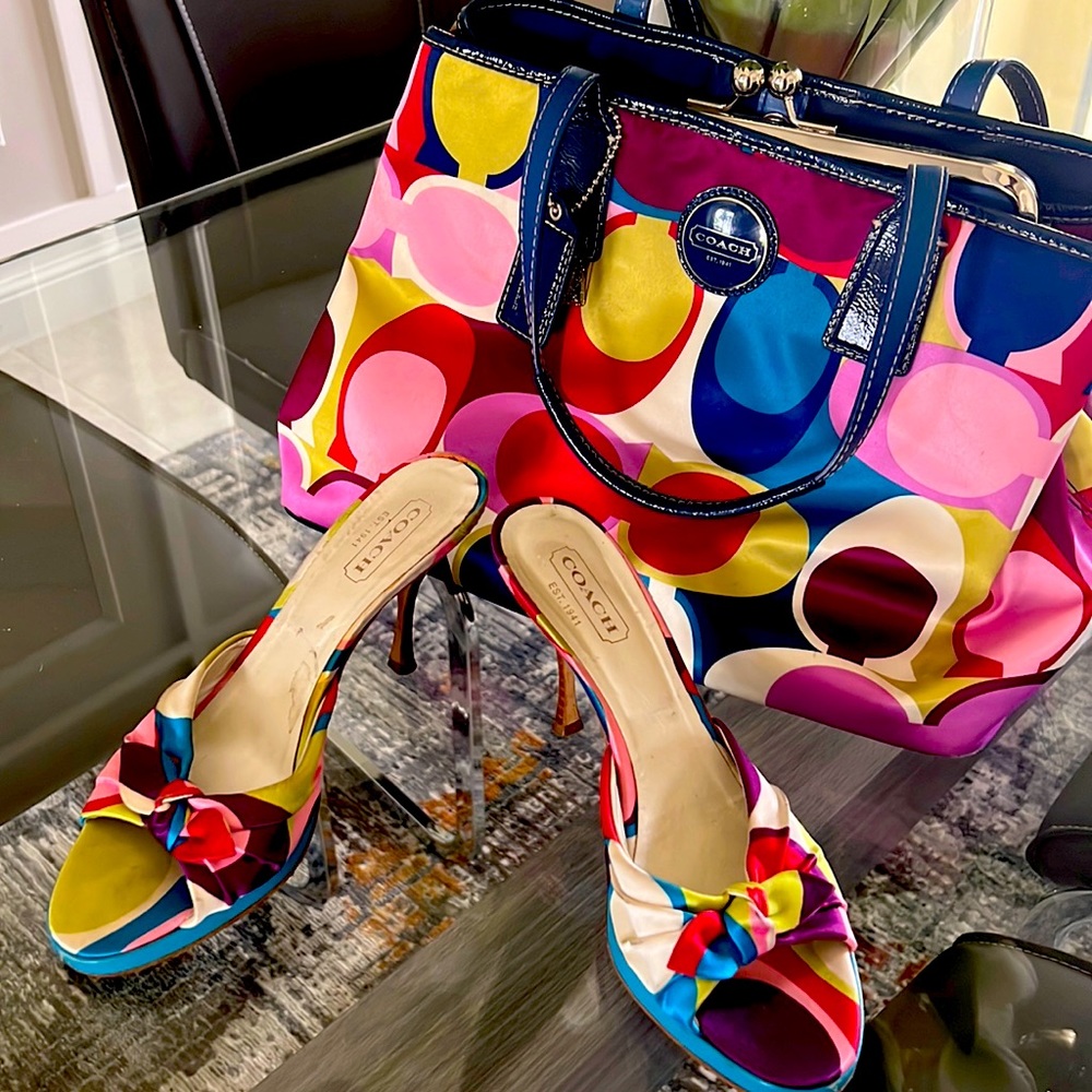 Multi color Coach purse and sandals